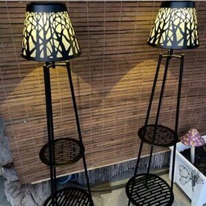 2 Pack 45.5'' Solar Lights with 2 Tier Plant Stand, Metal Solar Floor Lamps